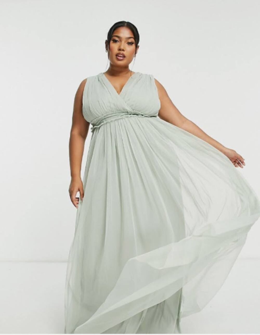 Anaya Bridesmaid V Neck Ruffle Waist Maxi Dress Sage Green Womens Plus Size 18